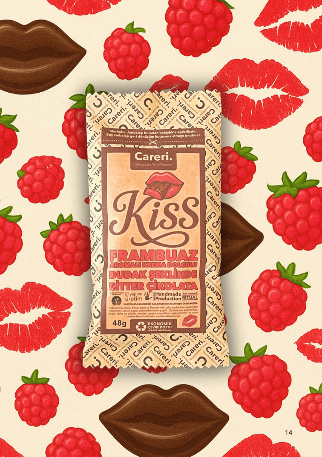 Careri Kiss Frambuaz Dudak Bitter Çikolata 48g — toptan